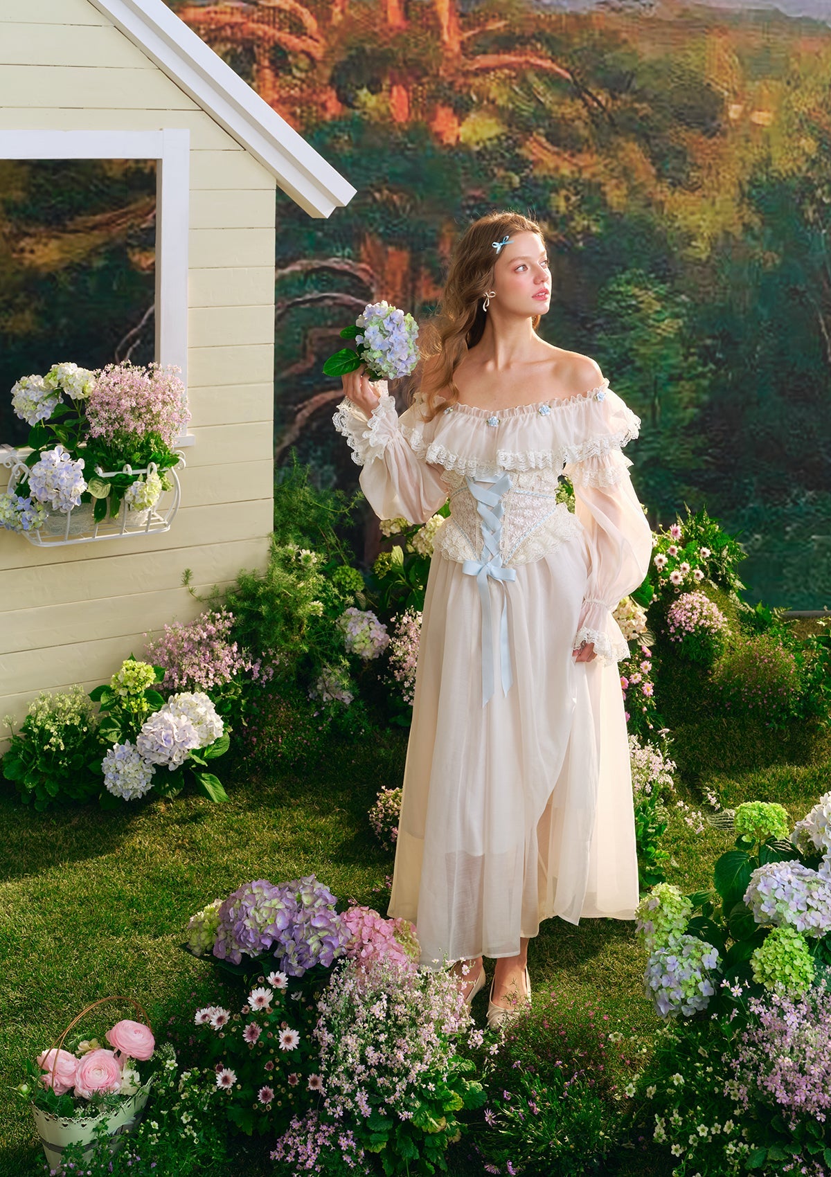 (US Exclusive)Blue Hydrangea Corset Dress