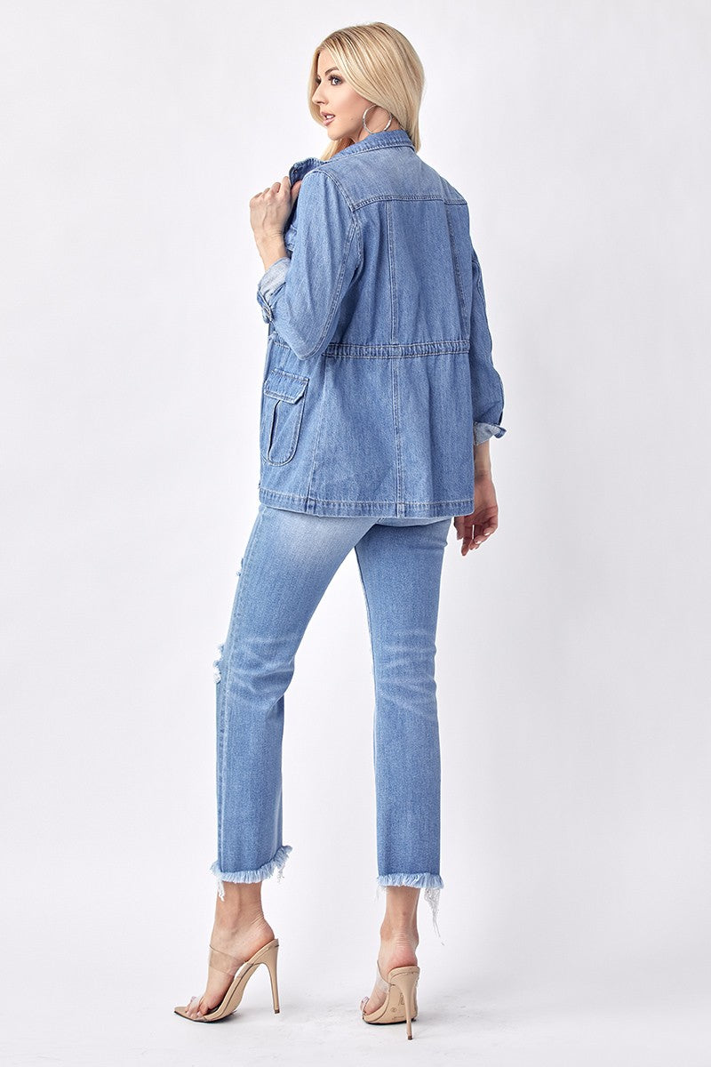 Loila Long Sleeve Oversized Cargo Denim Jacket Medium Wash