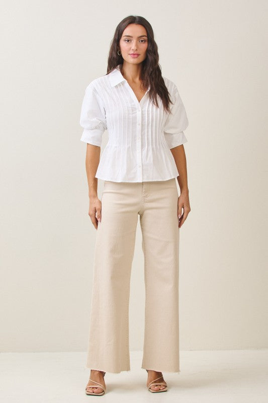 Waitlist 7/1 • Veda Short Puff Sleeve Button Down Pintuck Top Ivory
