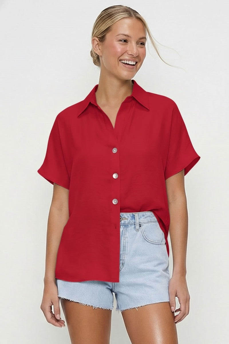 Marjorie Short Sleeve Button Down Top Red