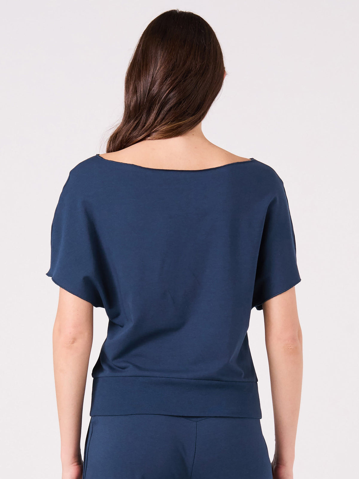 French Terry Short Sleeve Off Shoulder Sweatshirt - Navy