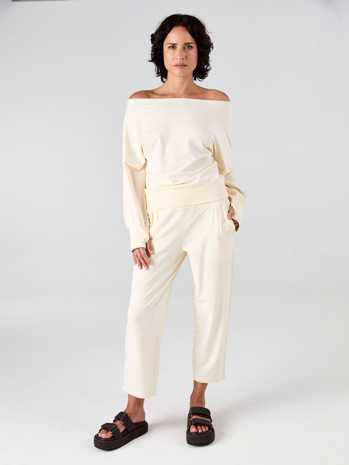 French Terry Off Shoulder Sweatshirt - Winter White