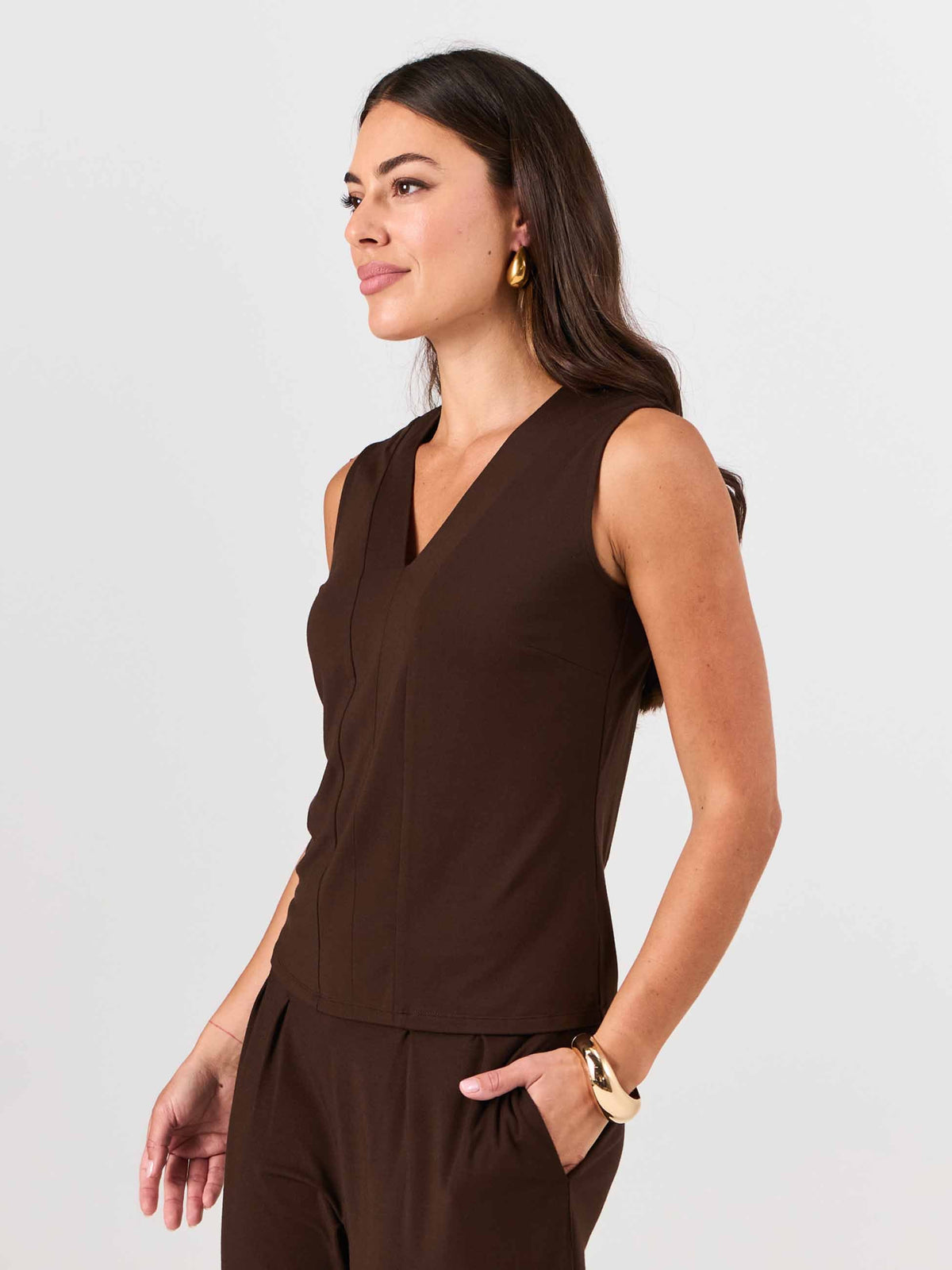 Laura V Neck Top - Coffee Bean
