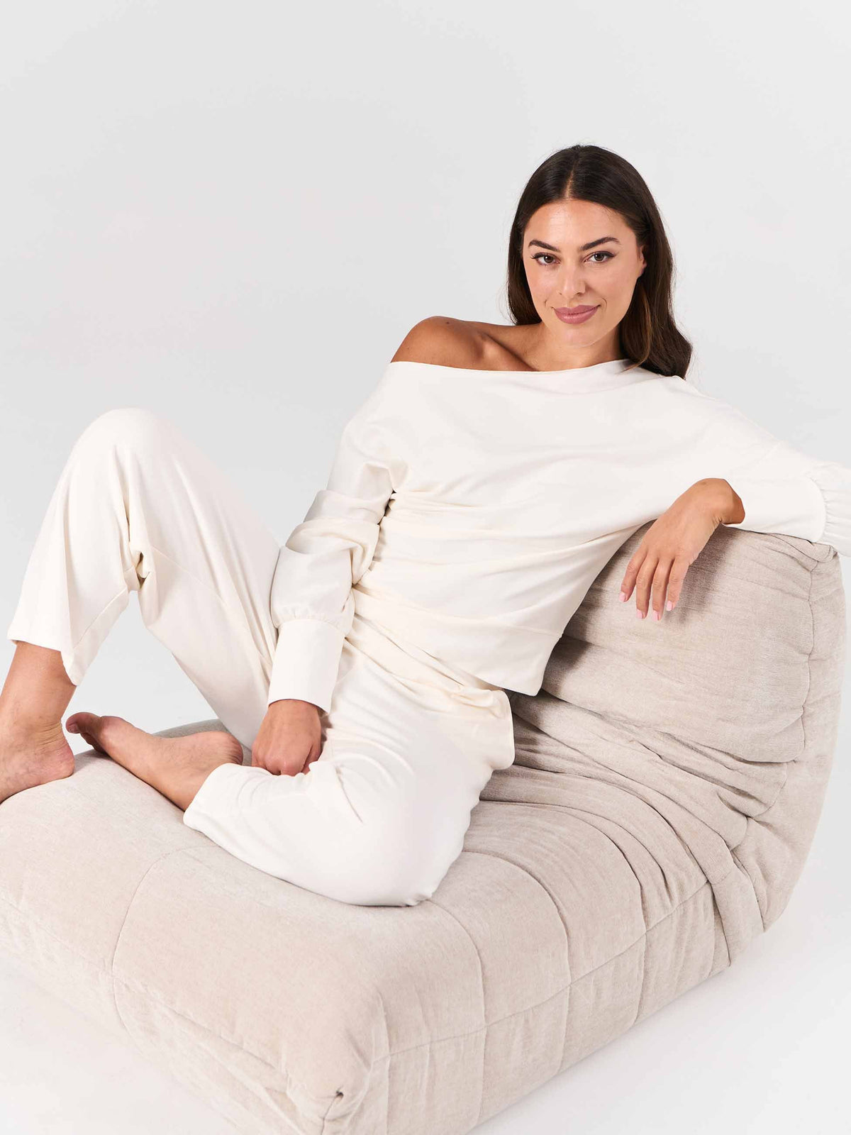 French Terry Off Shoulder Sweatshirt - Soft White
