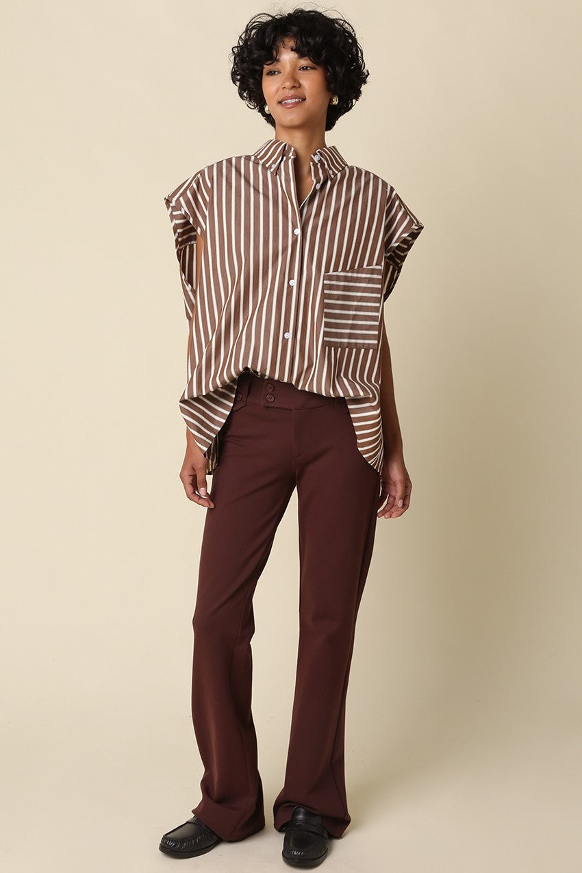 Waitlist 7/20 • Shelby Short Sleeve Button Down Stripe Print Top Brown