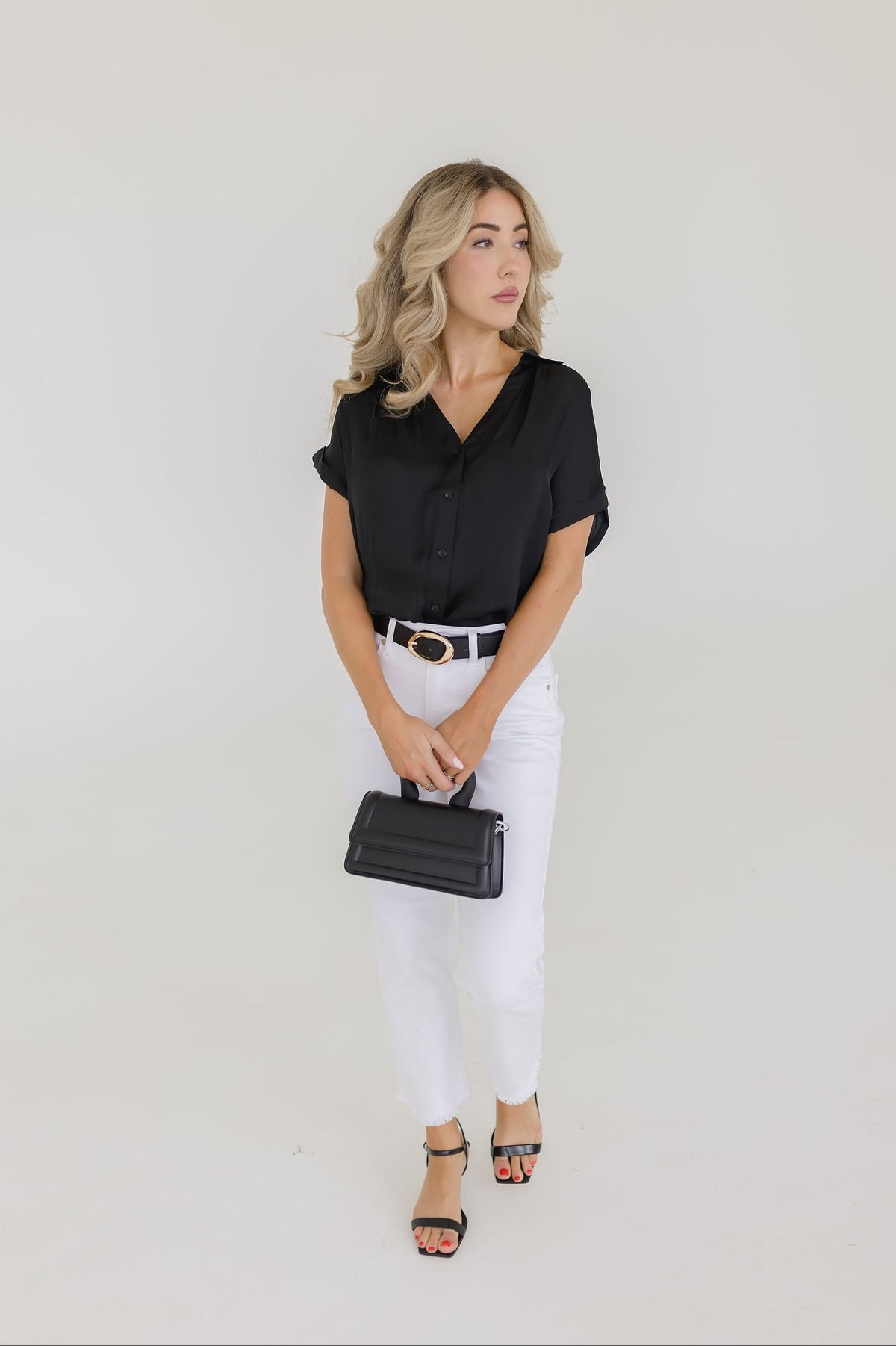 Callie Short Sleeve Button Down Top Black