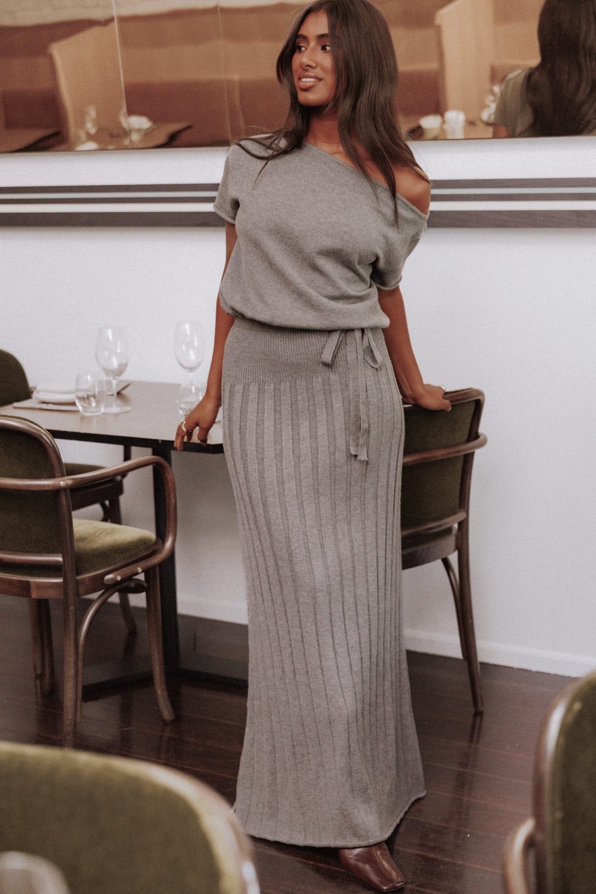 Arnie Off Shoulder Midi Dress - Charcoal Grey