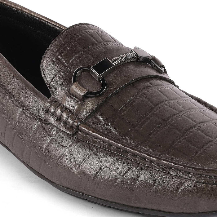Miluck Grey Men's Formal Textured Leather Driving Loafers Tresmode