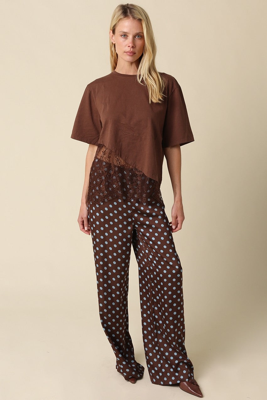 Waitlist 8/5 • Portia Short Sleeve Asymmetrical Lace Top Brown
