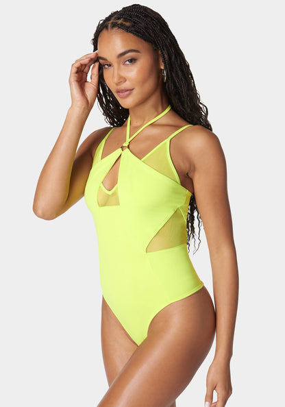 Mesh Combo Strappy Halter Bodysuit