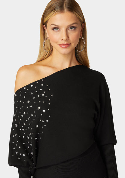 Off Shoulder Studded Dolman Sleeve Sweater