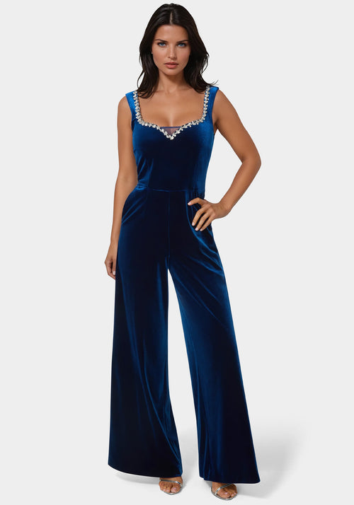 Embellished Neckline Ultra Wide Leg Jumpsuit