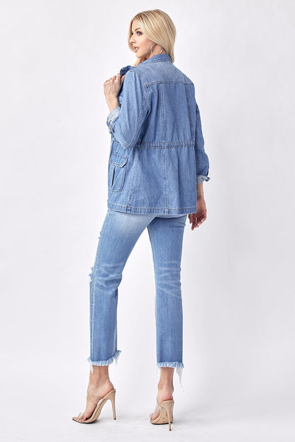 Loila Long Sleeve Oversized Cargo Denim Jacket Medium Wash