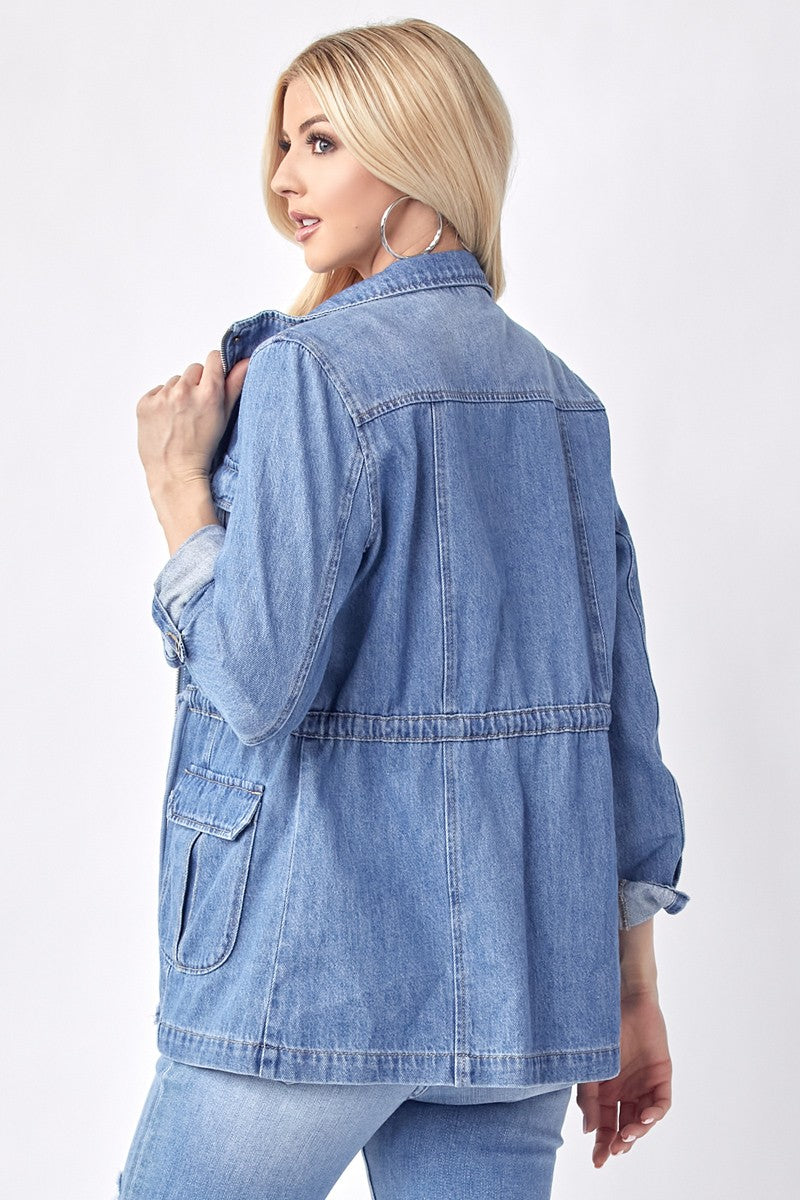 Loila Long Sleeve Oversized Cargo Denim Jacket Medium Wash
