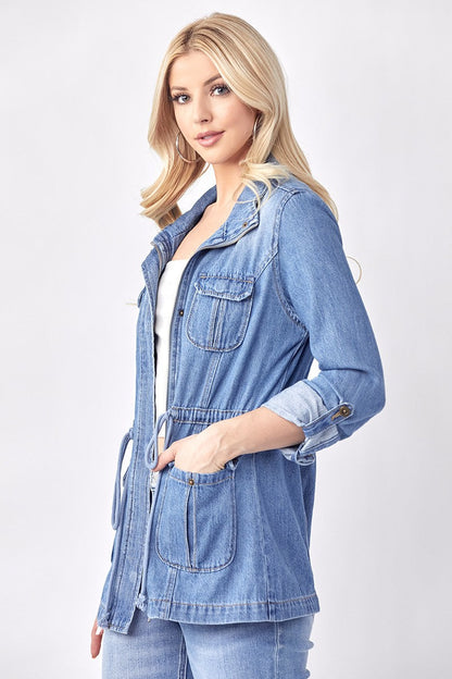 Loila Long Sleeve Oversized Cargo Denim Jacket Medium Wash