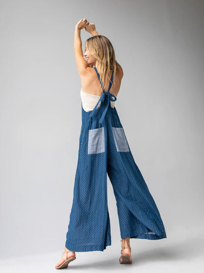 Dakota Cotton Tie Overall - Navy Polka Dots