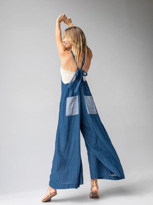 Dakota Cotton Tie Overall - Navy Polka Dots