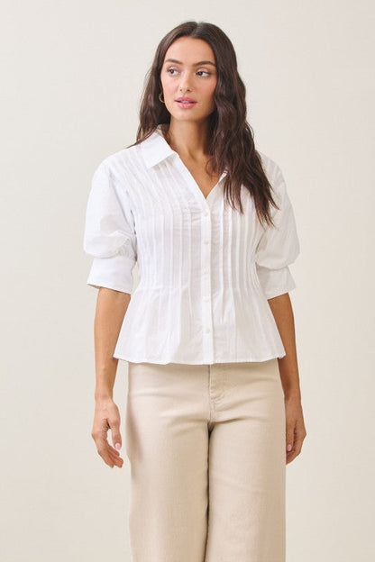 Waitlist 7/1 • Veda Short Puff Sleeve Button Down Pintuck Top Ivory
