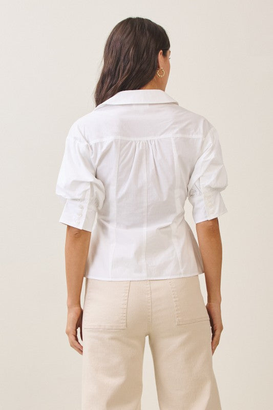Waitlist 7/1 • Veda Short Puff Sleeve Button Down Pintuck Top Ivory