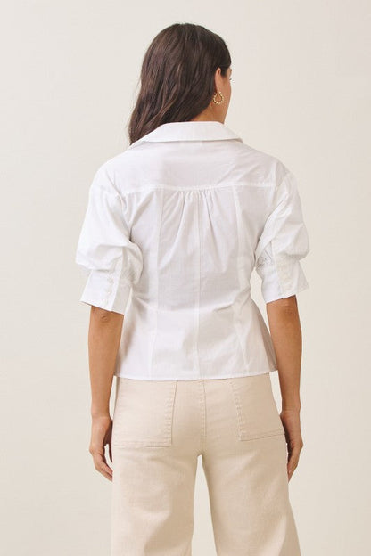 Waitlist 7/1 • Veda Short Puff Sleeve Button Down Pintuck Top Ivory
