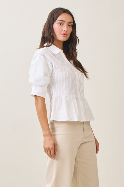 Waitlist 7/1 • Veda Short Puff Sleeve Button Down Pintuck Top Ivory