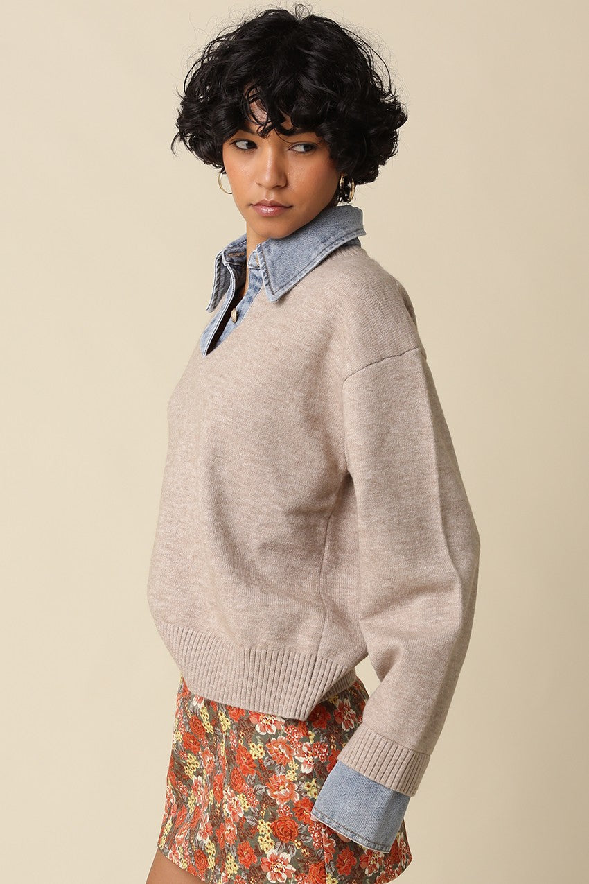 Waitlist 8/20 • Addy Long Sleeve Contrast Denim Knit Top Khaki