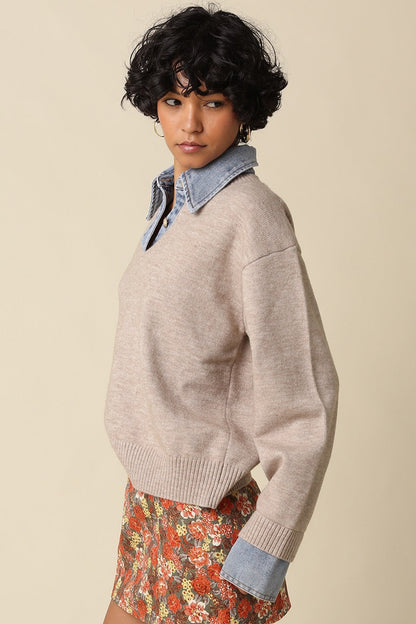 Waitlist 8/20 • Addy Long Sleeve Contrast Denim Knit Top Khaki