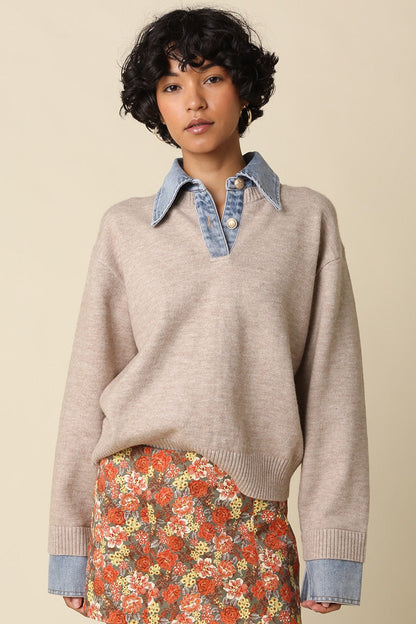 Waitlist 8/20 • Addy Long Sleeve Contrast Denim Knit Top Khaki