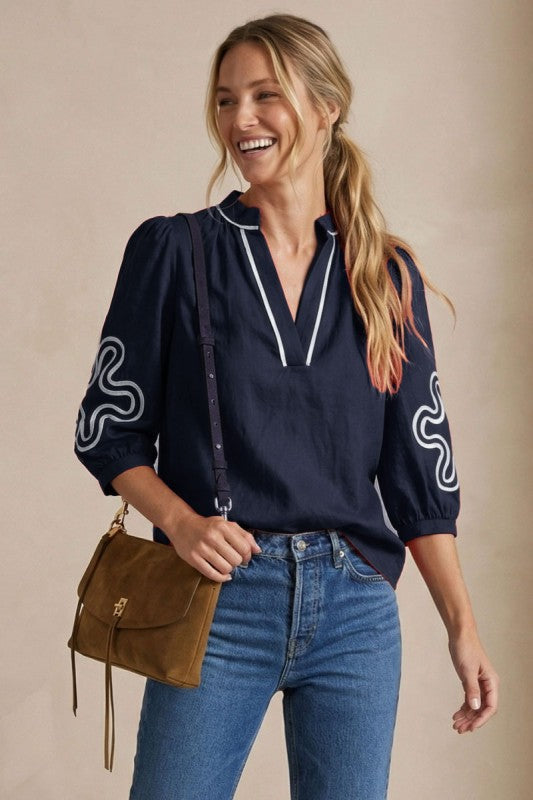 Dolly 3/4 Sleeve Embroidered Abstract Top Navy