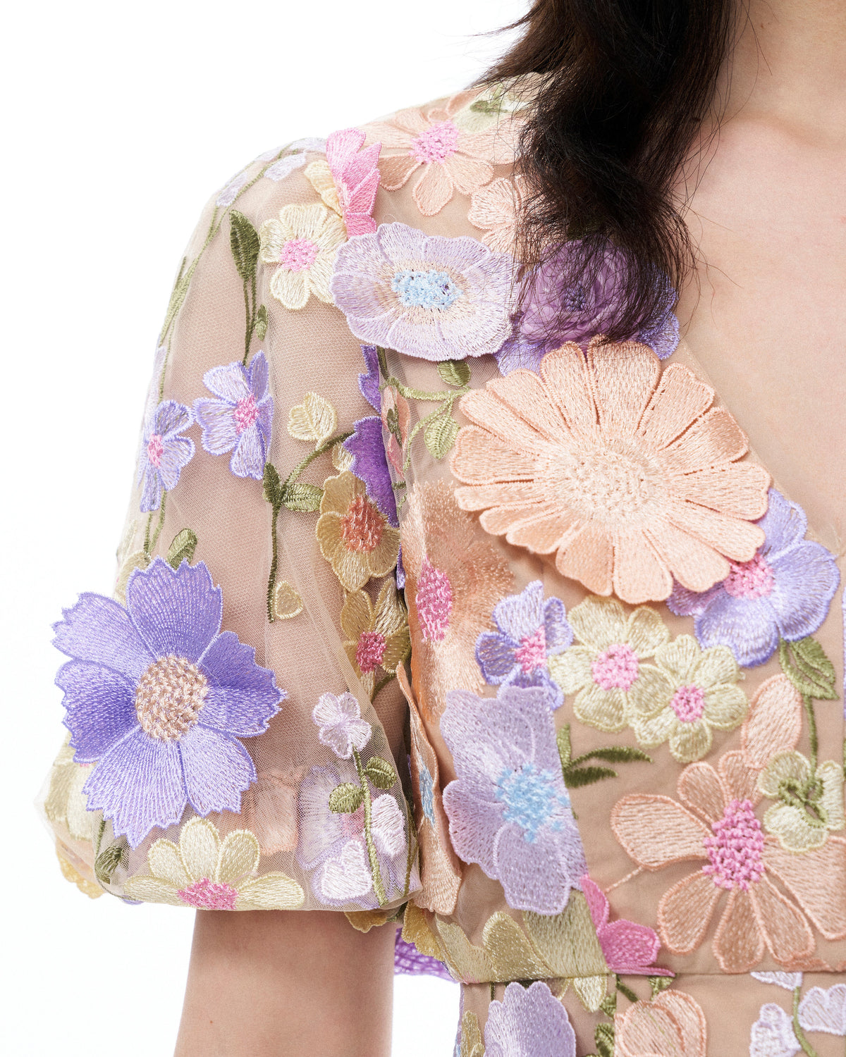 Evangeline 3D V領立體花卉刺繡洋裝－粉彩混色