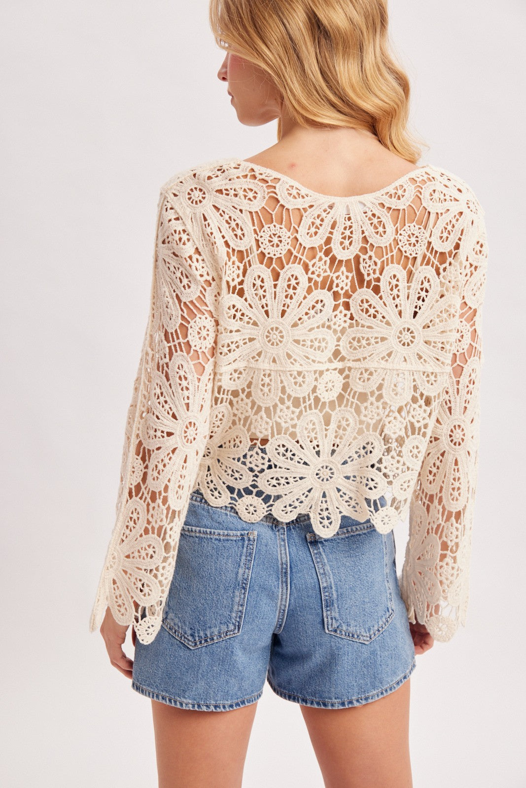 Everly Long Sleeve Button Down Open Crochet Knit Crop Top Natural