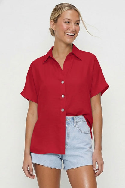 Marjorie Short Sleeve Button Down Top Red