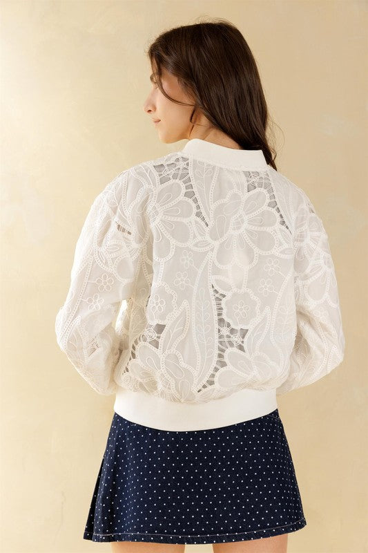 Tida Long Sleeve Floral Lace Bomber Jacket White