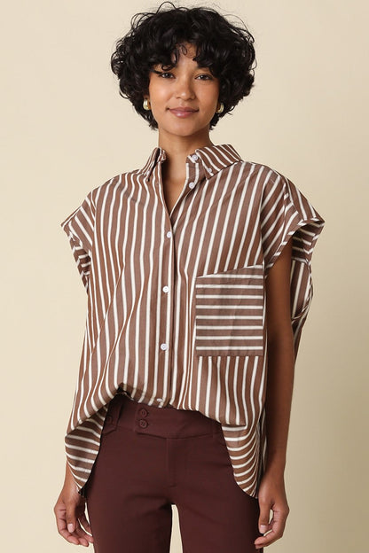 Waitlist 7/20 • Shelby Short Sleeve Button Down Stripe Print Top Brown