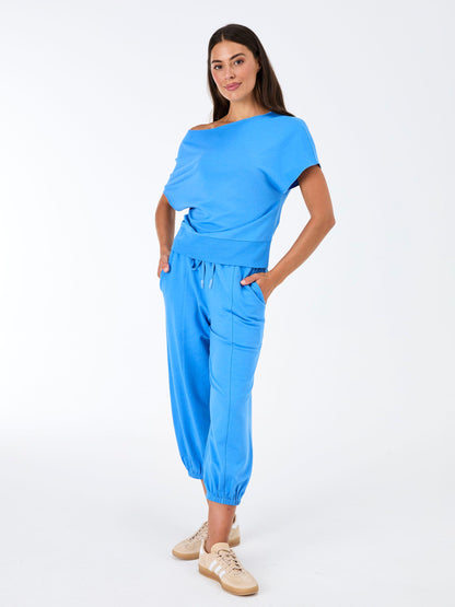 French Terry Short Sleeve Off Shoulder Sweatshirt  - Cobalt