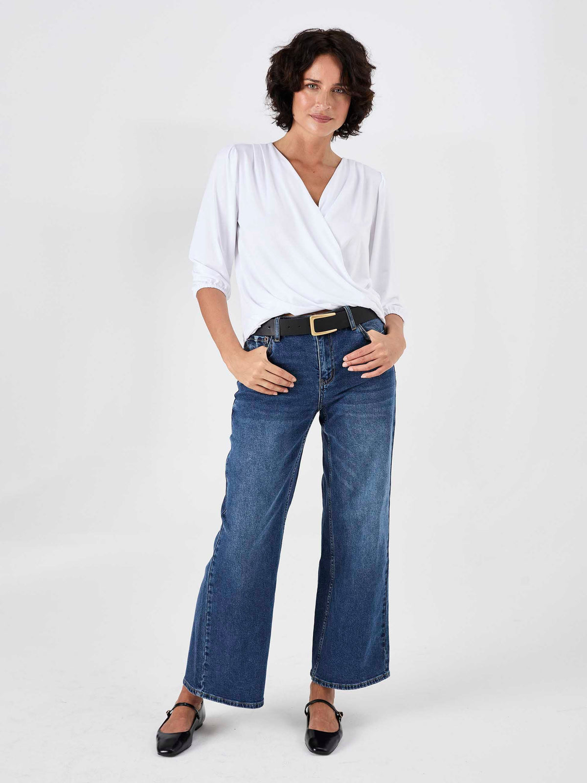 Athena 7/8 Sleeve  Drape Top - White