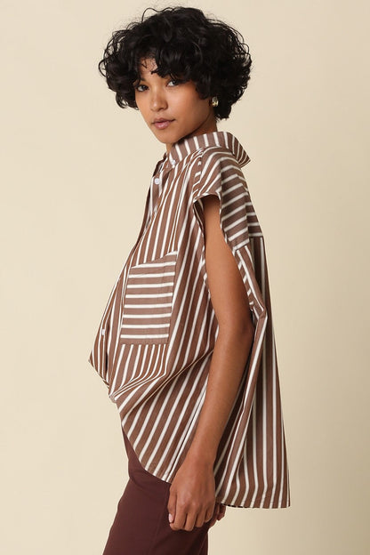 Waitlist 7/20 • Shelby Short Sleeve Button Down Stripe Print Top Brown