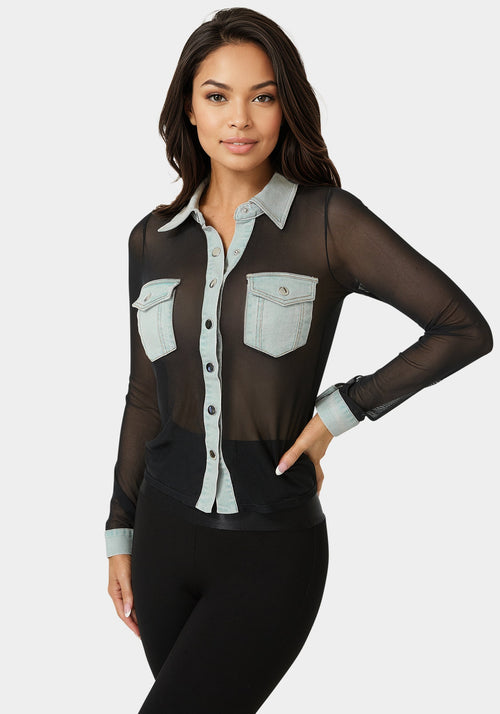 Button Down Mesh Denim Top