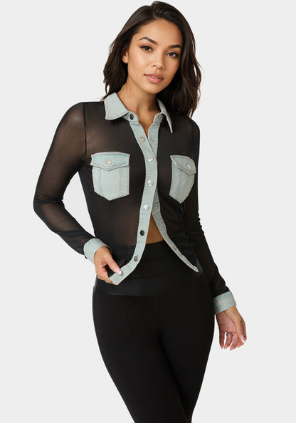 Button Down Mesh Denim Top