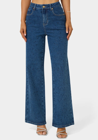 Natural Waist Rhinestone Wide Leg Jeans