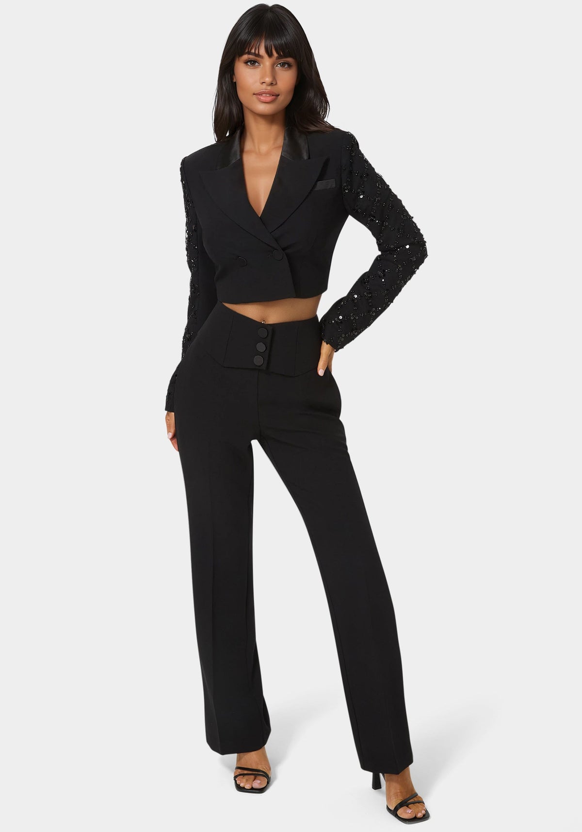Tailored Beaded Sleeves Cropped Blazer