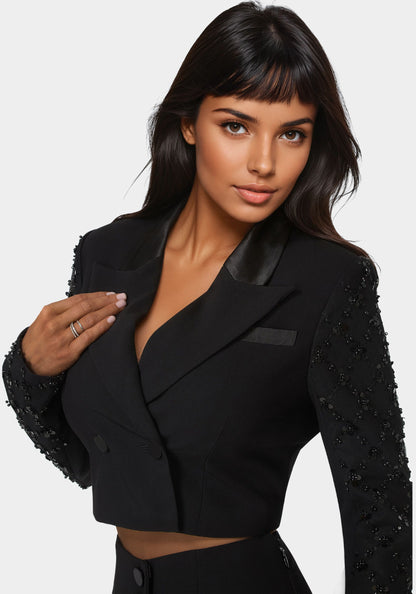 Tailored Beaded Sleeves Cropped Blazer