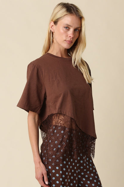 Waitlist 8/5 • Portia Short Sleeve Asymmetrical Lace Top Brown