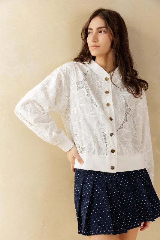 Tida Long Sleeve Floral Lace Bomber Jacket White