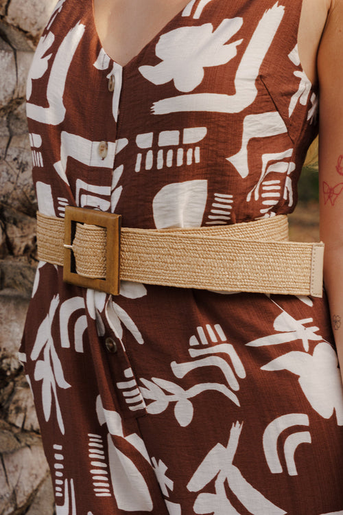 Corinne Large Wooden Rectangle Woven Belt Brown