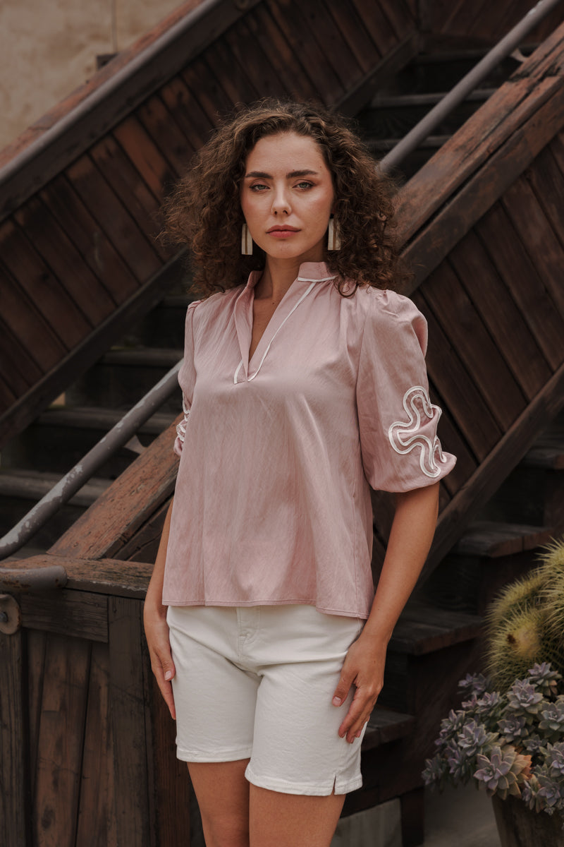 Dolly 3/4 Sleeve Embroidered Abstract Top Pink