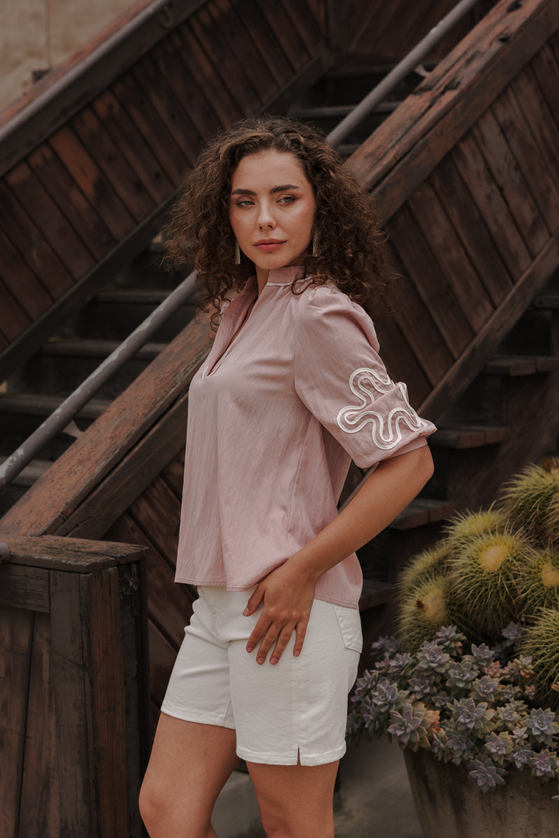 Dolly 3/4 Sleeve Embroidered Abstract Top Pink