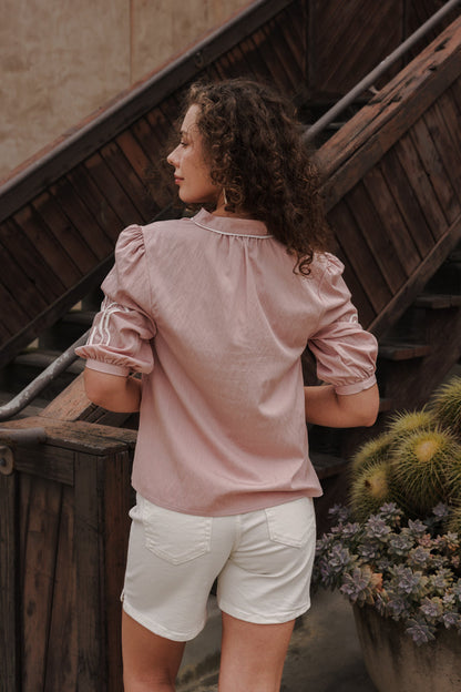 Dolly 3/4 Sleeve Embroidered Abstract Top Pink
