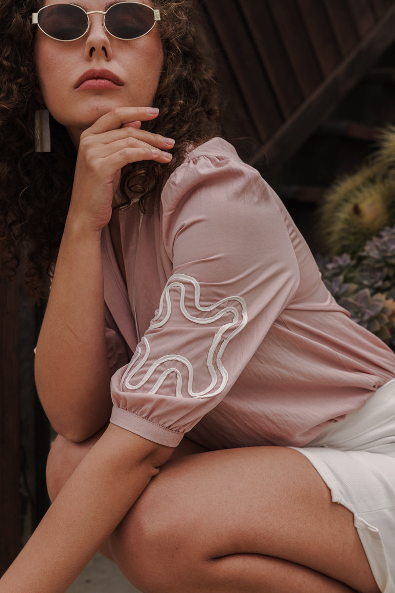 Dolly 3/4 Sleeve Embroidered Abstract Top Pink