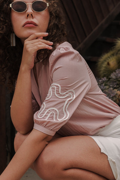 Dolly 3/4 Sleeve Embroidered Abstract Top Pink